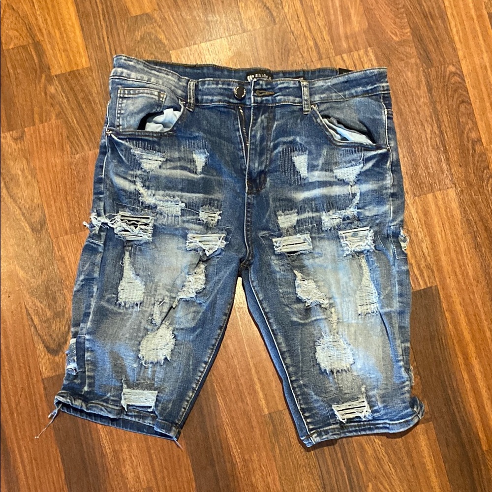 Aime Leon Dore Blue Jean Shorts with Distressed Frayed Hem